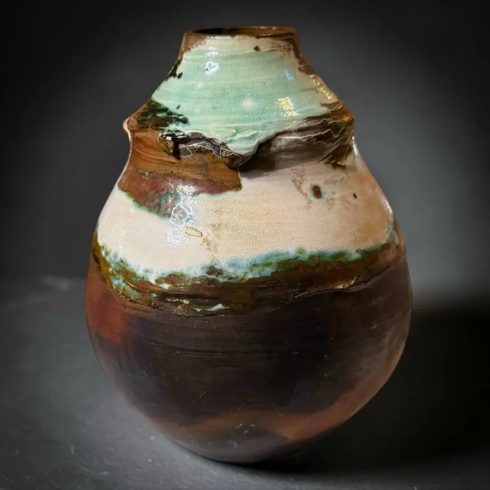Artisan Ceramic Vase Handcrafted Fired Glazed Brown Cream Mint Green Signed